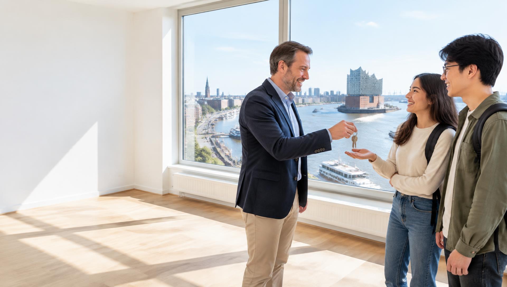 Landlord handing keys to students in a bright Hamburg flat